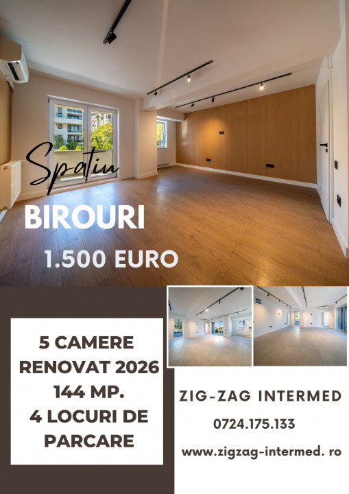Spatiu birouri, renovat 2026, 144 mp., 4 locuri de parcare
