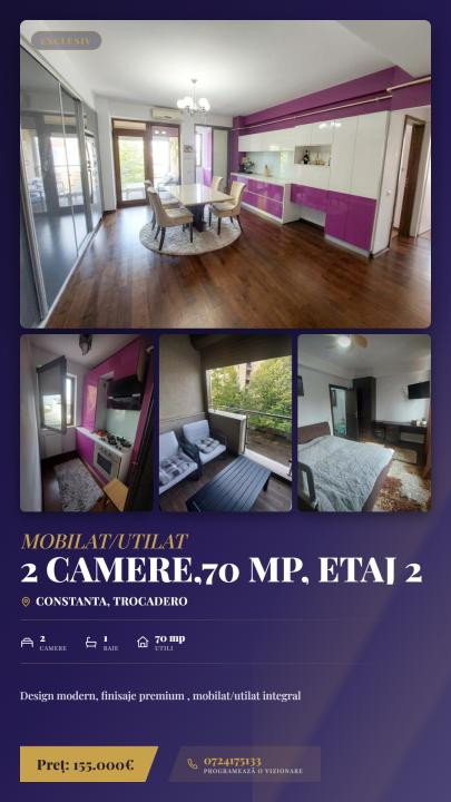 Trocadero - apartament 2 camere de vânzare ,70 mp., mobilat/utilat integral